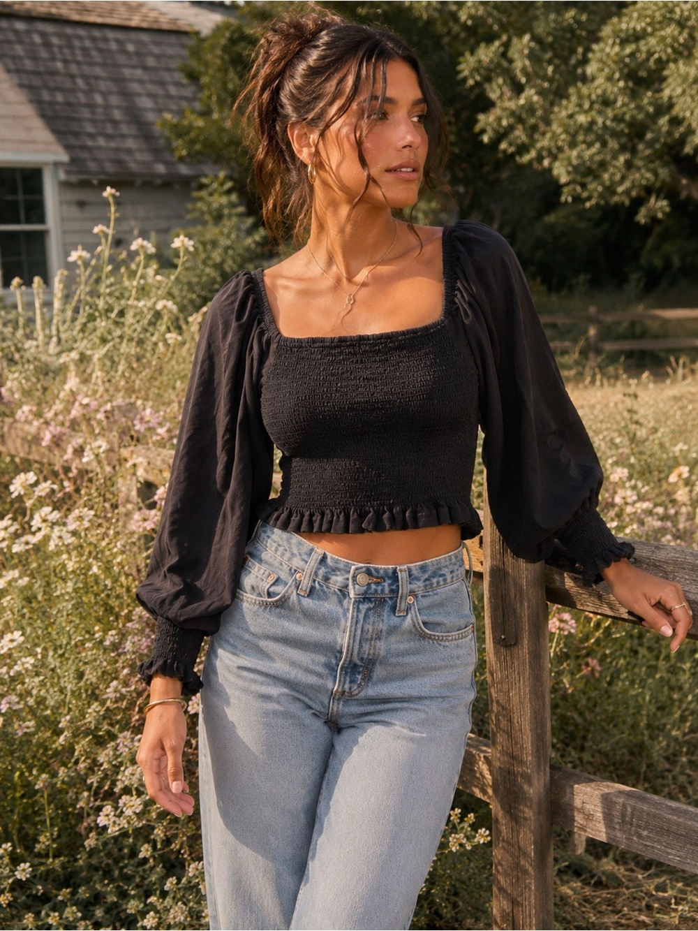 Pilcro Anthropologie Black Smocked Puff Sleeve Cotton Crop Top Square Neck M - Picture 13 of 13
